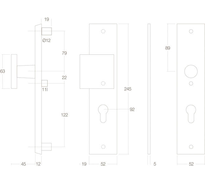 SKG3 veiligheidsschilden rechthoekig 250x50mm met greep profielcilindergat 92mm met kerntrekbeveiliging rvs