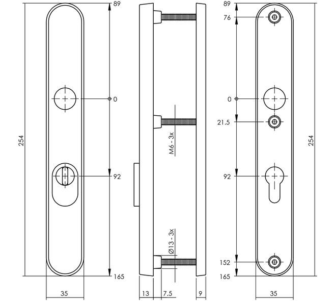SKG3 veiligheidsschilden ovaal smal 254x35mm profielcilindergat 92mm met kerntrekbeveiliging rvs