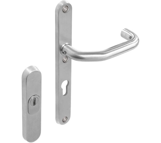 SKG3 veiligheidsbeslag ovaal rozet 156x35mm profielcilindergat 72mm met kerntrekbeveiliging en veiligheid binnenschild smal met kruk verkropt rvs