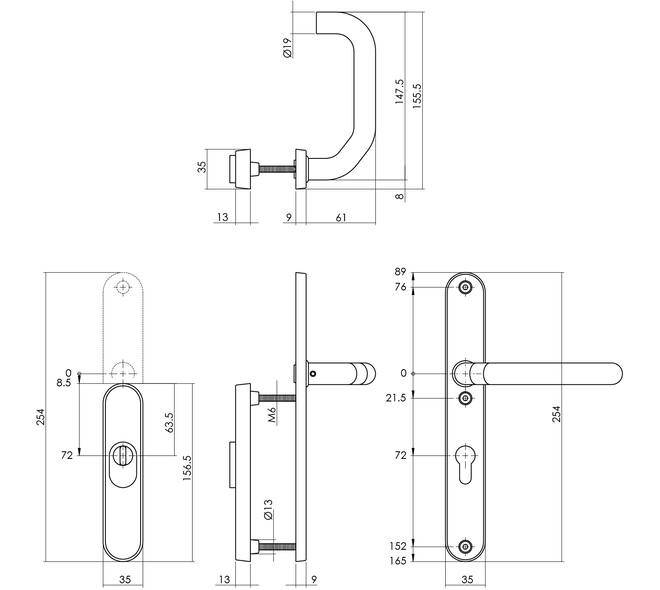 SKG3 veiligheidsbeslag ovaal rozet 156x35mm profielcilindergat 72mm met kerntrekbeveiliging en veiligheid binnenschild smal met kruk verkropt rvs