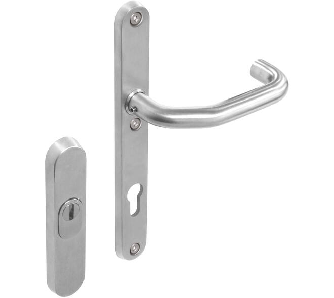 SKG3 veiligheidsbeslag ovaal rozet 156x35mm profielcilindergat 92mm met kerntrekbeveiliging en veiligheid binnenschild smal met kruk verkropt rvs