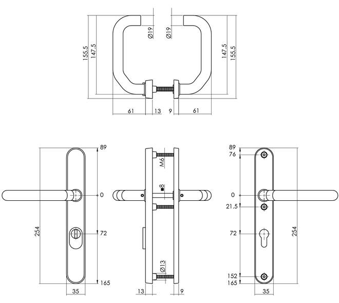 SKG3 veiligheidsbeslag ovaal smal 254x35mm kruk/kruk Verkropt met veerconstructie profielcilindergat 72mm met kerntrekbeveiliging rvs