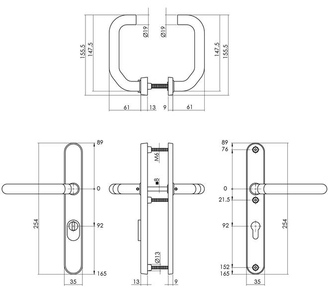 SKG3 veiligheidsbeslag ovaal smal 254x35mm kruk/kruk Verkropt met veerconstructie profielcilindergat 92mm met kerntrekbeveiliging rvs