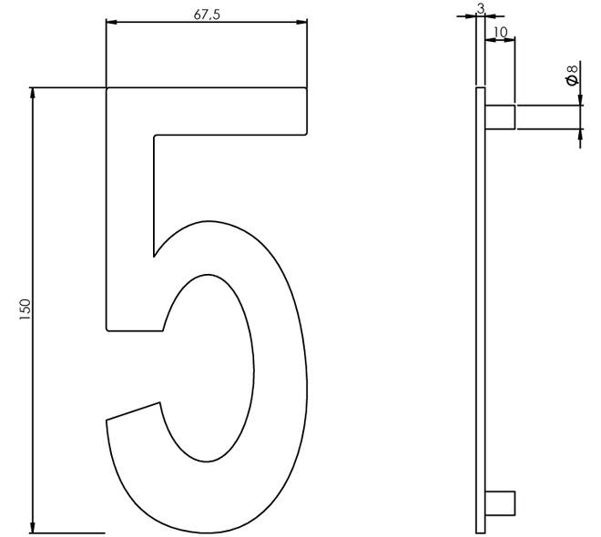 Huisnummer 5 150mm rvs