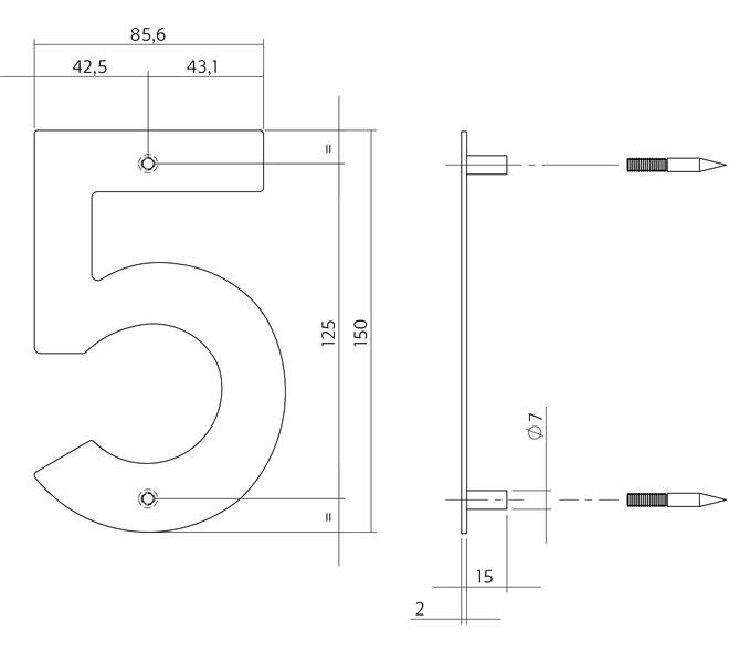 Huisnummer 5 150mm rvs