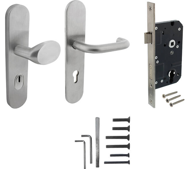 Set voordeurbeslag ovaal verdekt: SKG3 veiligheidsbeslag ovaal 255x52mm greep/kruk kt72 met SKG2 slot 72pc rvs