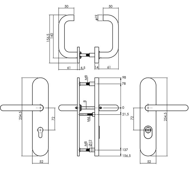Set achterdeurbeslag ovaal verdekt: SKG3 veiligheidsbeslag ovaal 255x52mm kruk/kruk kt72 met SKG2 slot 72pc rvs