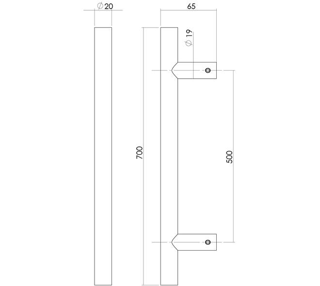 Deurgreep T-vorm 700x65x20mm hart op hart 500mm rvs
