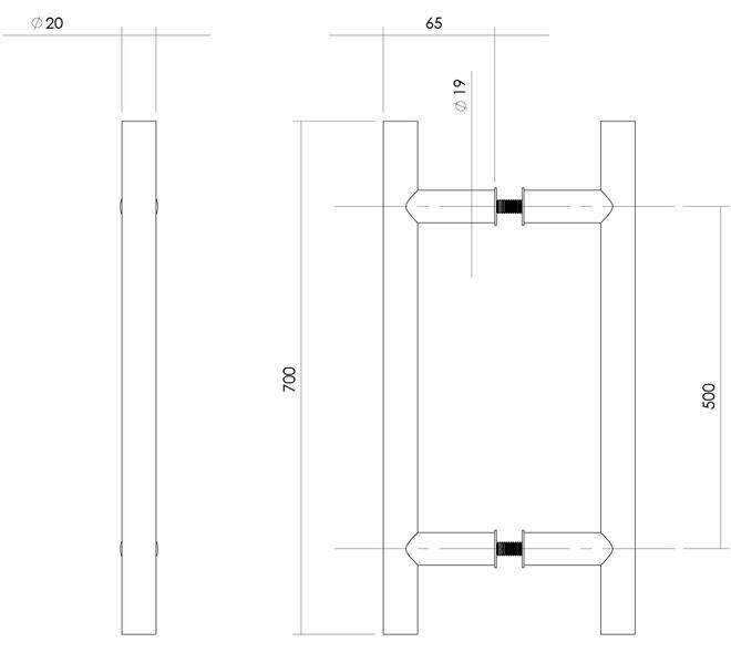 Deurgrepen T-vorm 700x65x20mm hart op hart 500mm rvs