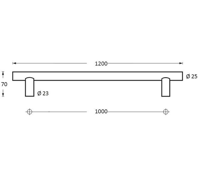 Deurgreep T-vorm 1200x70x25mm hart op hart 1000mm rvs