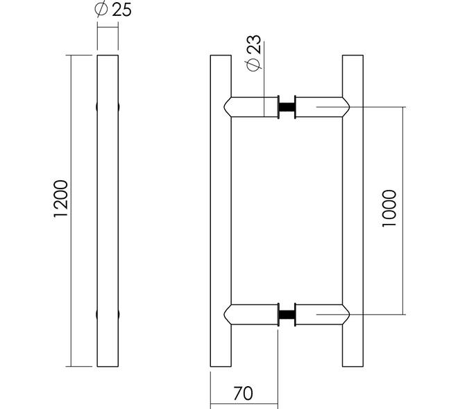 Deurgrepen T-vorm 1200x70x25mm hart op hart 1000mm rvs