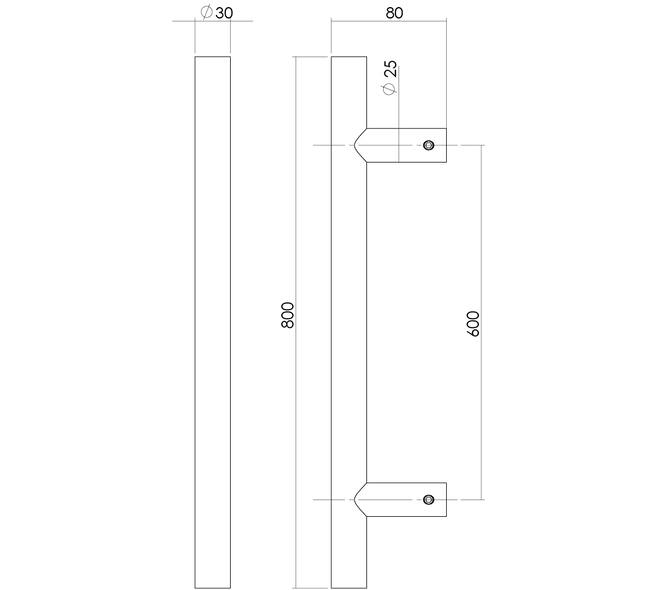 Deurgreep T-vorm 800x80x30mm hart op hart 600mm rvs