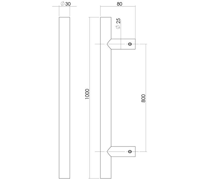 Deurgreep T-vorm 1000x80x30mm hart op hart 800mm rvs