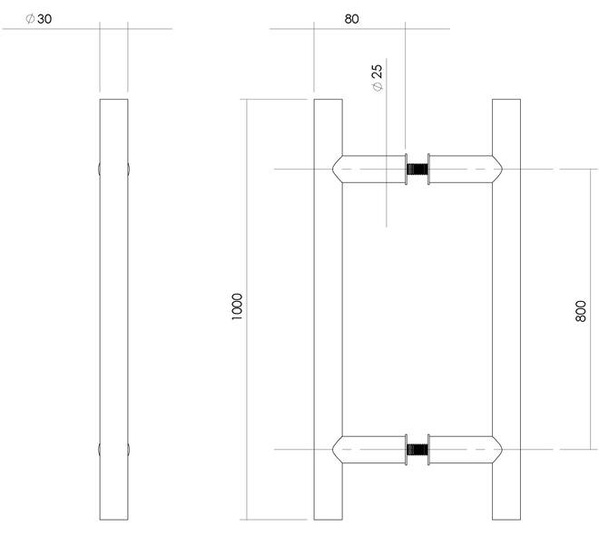 Deurgrepen T-vorm 1000x80x30mm hart op hart 800mm rvs