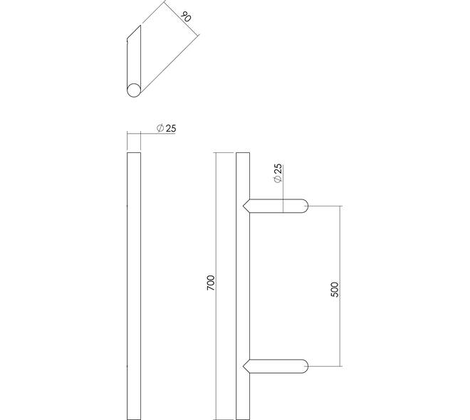 Deurgreep T-schuin 700x85x25mm hart op hart 500mm rvs