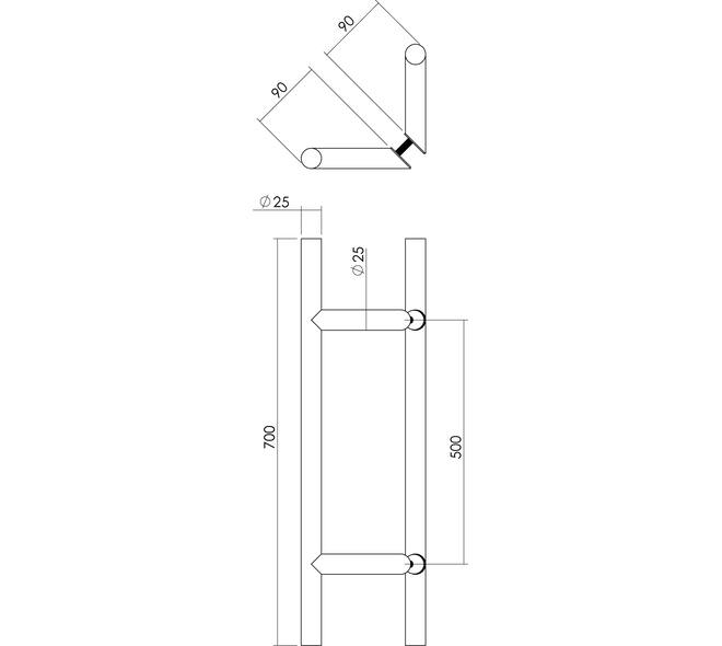 Deurgrepen T-schuin 700x85x25mm hart op hart 500mm rvs