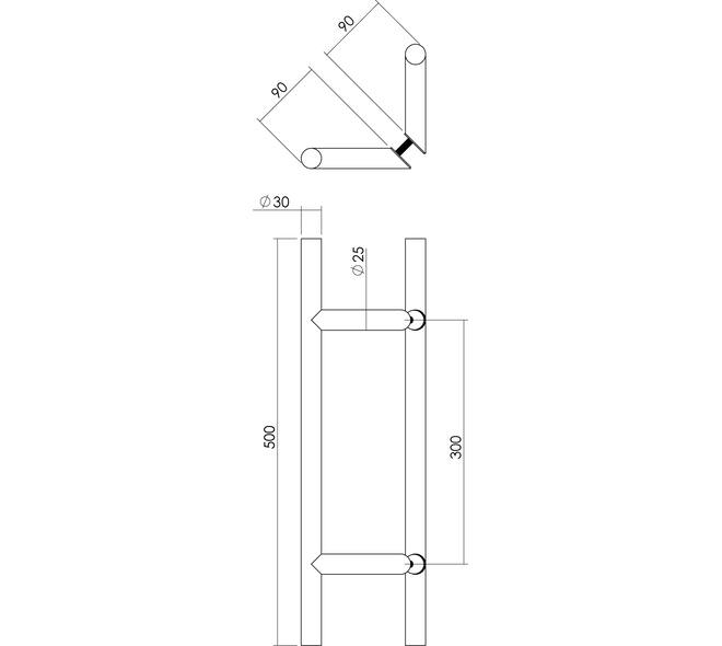 Deurgrepen T-schuin 500x90x30mm hart op hart 300mm rvs