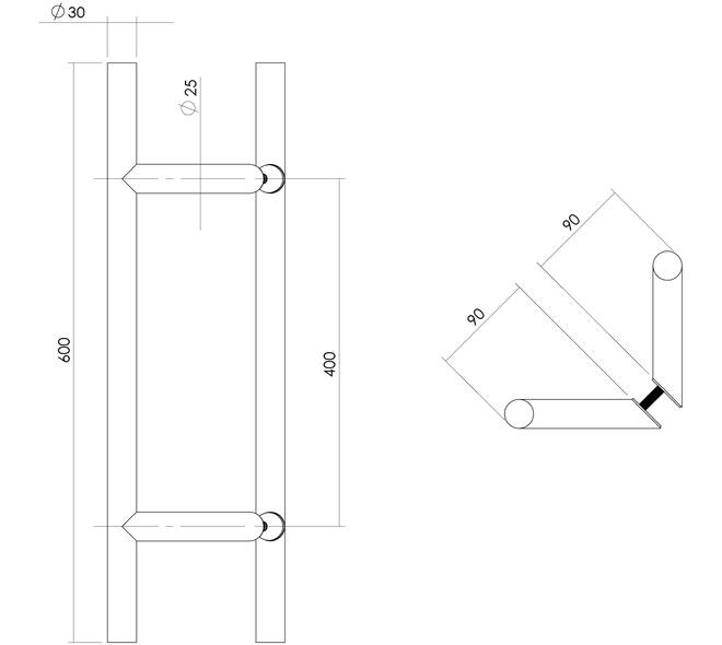 Deurgrepen T-schuin 600x90x30mm hart op hart 400mm rvs
