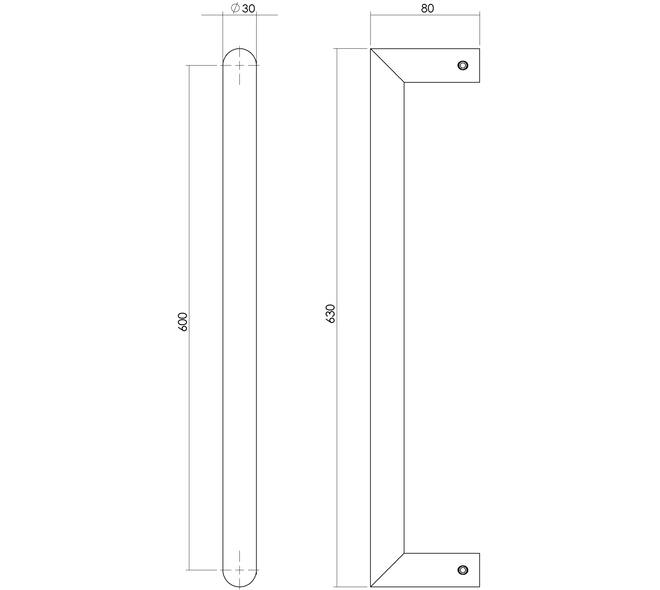 Deurgreep Hoek 90° 630x80x30mm hart op hart 600mm rvs