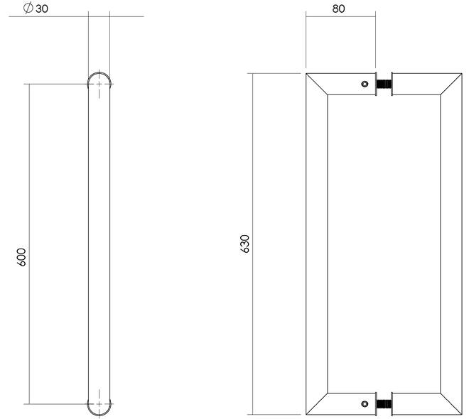 Deurgrepen Hoek 90° 630x80x30mm hart op hart 600mm rvs