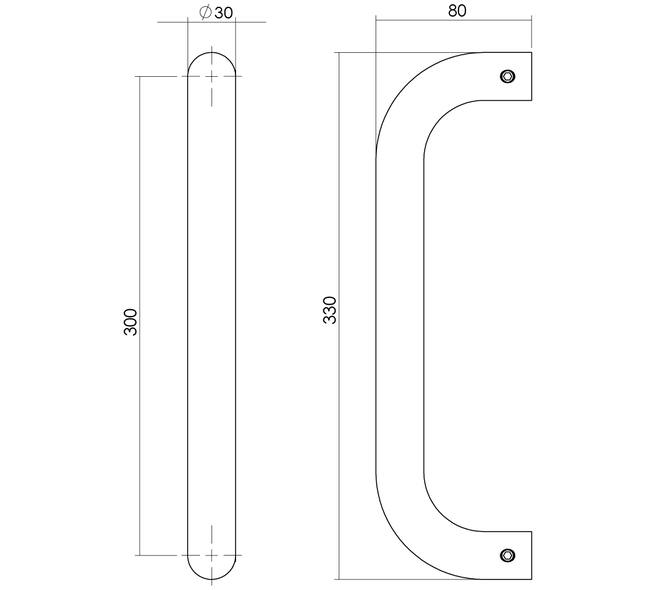 Deurgreep U-vorm 330x80x30mm hart op hart 300mm rvs