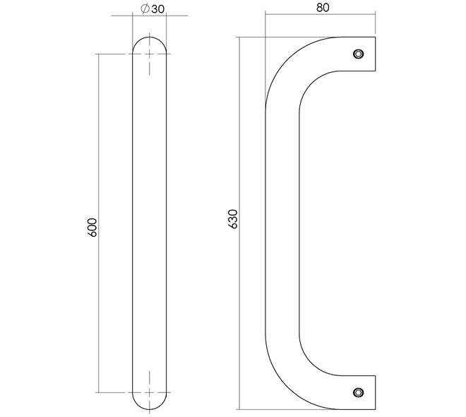 Deurgreep U-vorm 630x80x30mm hart op hart 600mm rvs