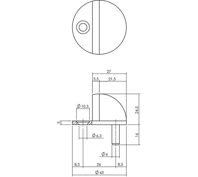Deurstop bolrond ø43x25mm vloermontage rvs
