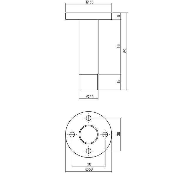 Deurstop ø22x89mm op rozet ø53mm wandmontage rvs