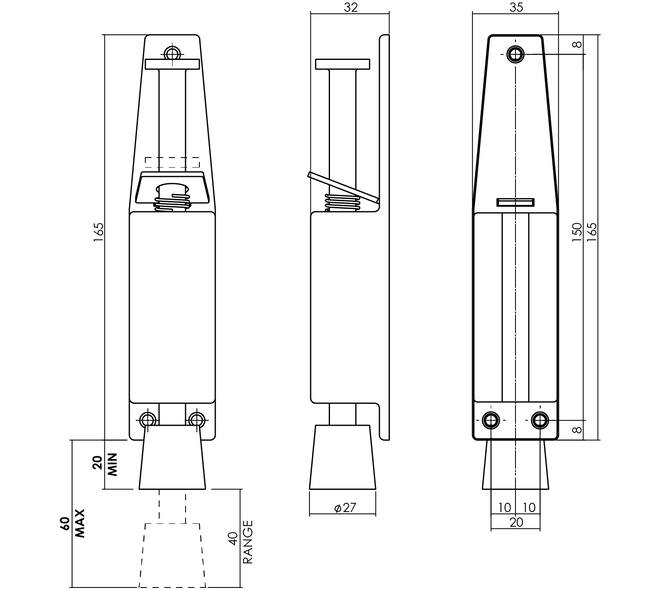 Deurvastzetter met voetrem 180(225)x35mm rvs