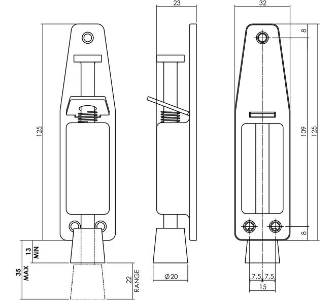 Deurvastzetter met voetrem 140(165)x32mm rvs