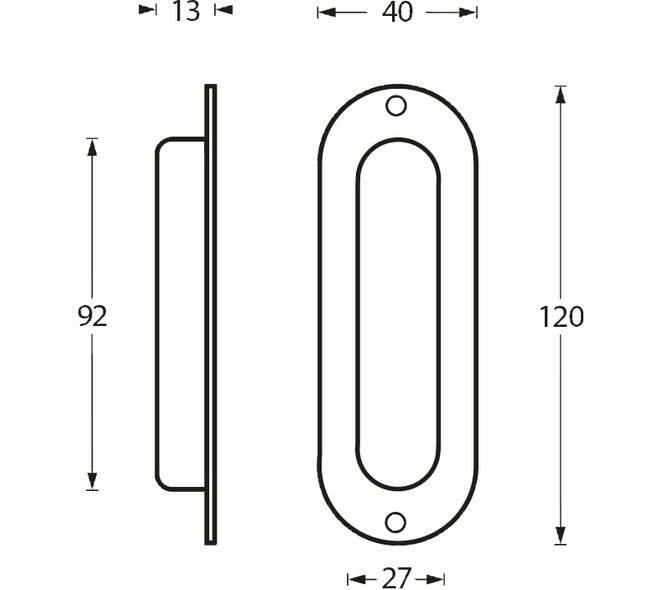 Schuifdeurkom ovaal 120x40mm opschroevend rvs