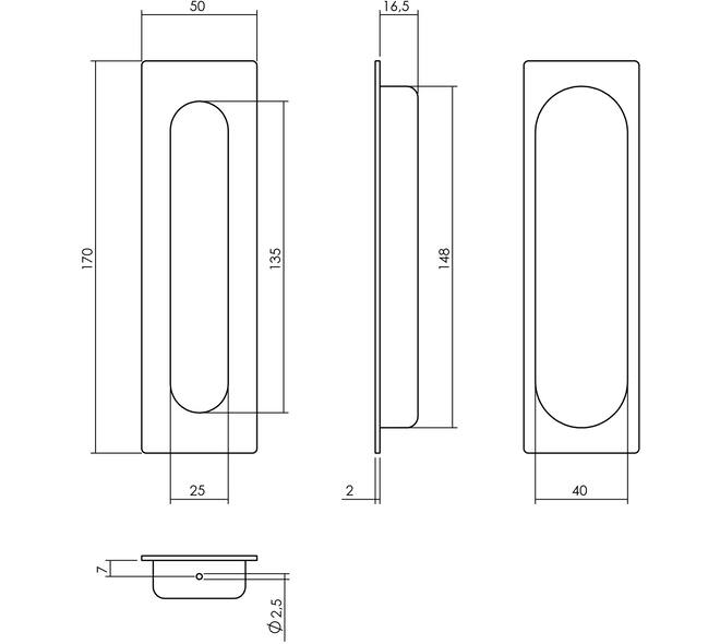 Schuifdeurkom rechthoekig 170x50mm verdekt rvs