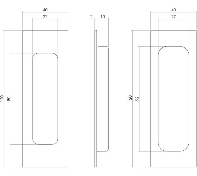 Schuifdeurkom rechthoekig 120x40mm met ovale achterkast, verdekt rvs