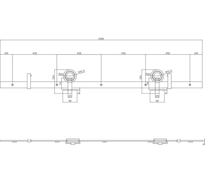 Schuifdeursysteem 2x1 meter met hangrollen open wiel top 155mm rvs