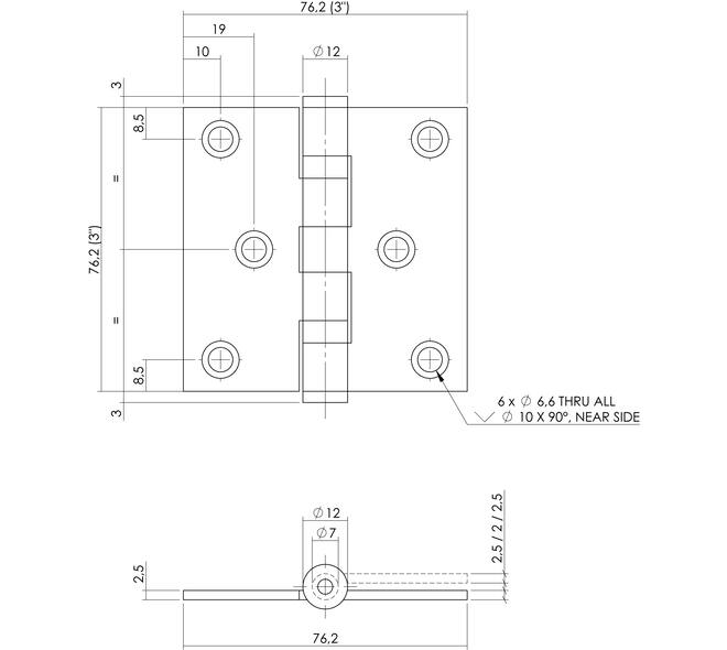 Kogellagerscharnier recht 3" (76x76x2,5mm) rvs