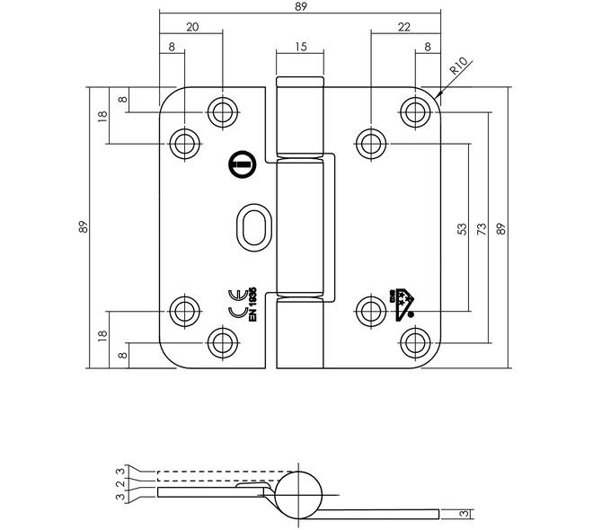Glijlagerscharnier afgerond 3,5" (89x89x3mm) doorgezette knoop CE rvs