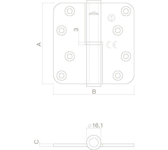 Kogelstiftpaumelle DIN links afgerond 3,5" (89x89x3mm) CE rvs