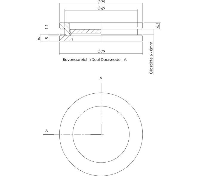 Schuifdeurkom tbv glasdeur ø55/ø79mm rvs
