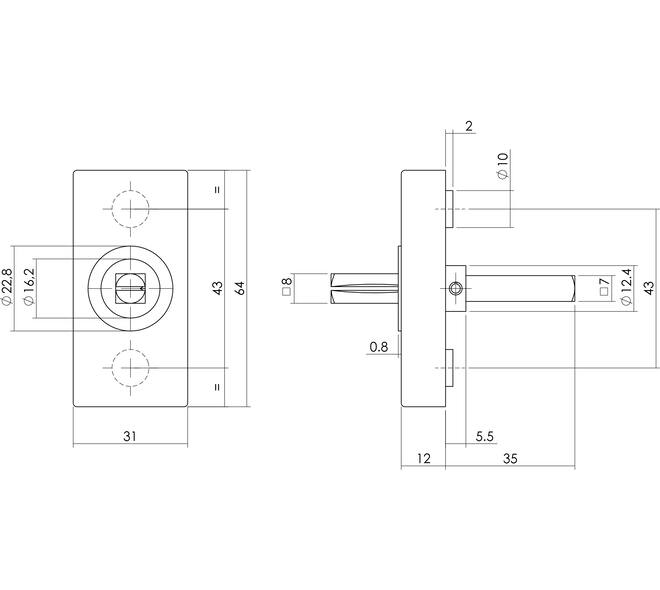 Basisplaat rechthoekig tbv raamkruk hals ø16, insteeklengte stift 7x35mm rvs