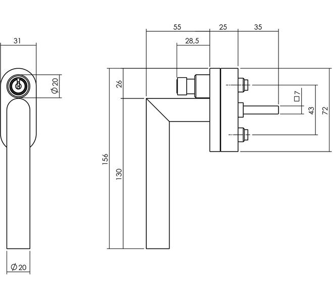 SKG** afsluitbare raamkruk Hoek 90° op vlakke ovale onderplaat met stift 7x35mm rvs