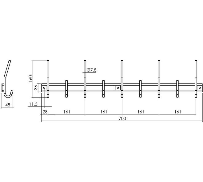 Garderobe rek 700x160mm met 9 haken rvs