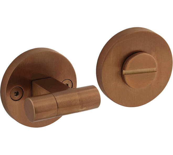 WC-sluiting éénzijdig verdekt ø55x8mm met stift 8x8mm, knop op schroefgat rozet PVD koper mat