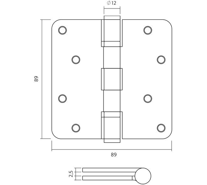 Kogellagerscharnier afgerond 3,5" (89x89x2,5mm) CE inclusief schroeven donker brons