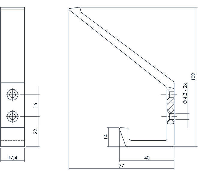 Kapstokhaak met verticale schroefgaten aluminium