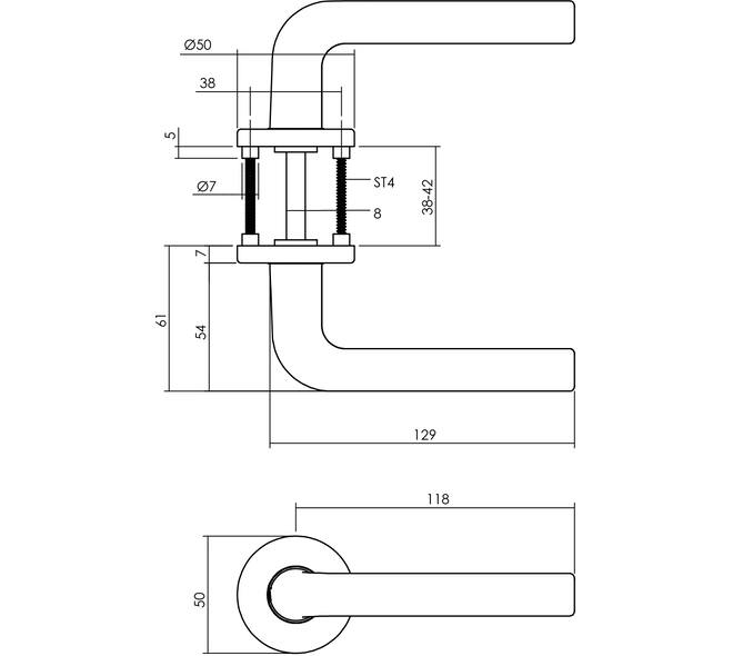 Deurkruk Derby met rozet verdekt ø50x7mm met nokken aluminium F1