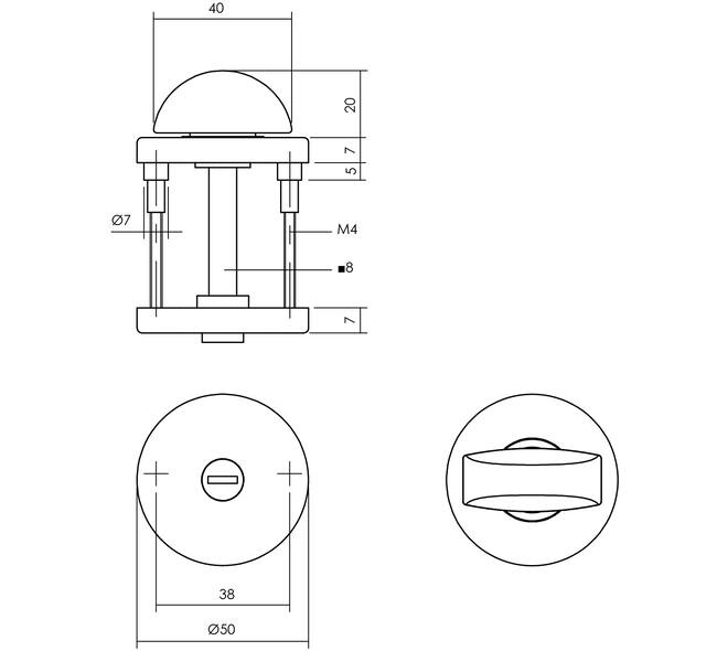 WC-sluiting verdekt ø50x7mm met nokken en stift 8x8mm aluminium F1