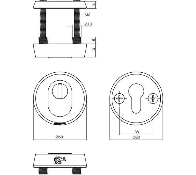 SKG3 veiligheidsrozetten rond ø60x15mm profielcilindergat met kerntrekbeveiliging aluminium F1