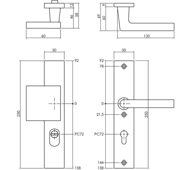 SKG3 veiligheidsbeslag rechthoekig 250x50mm greep/kruk Jura met veerconstructie profielcilindergat 72mm met kerntrekbeveiliging aluminium F1