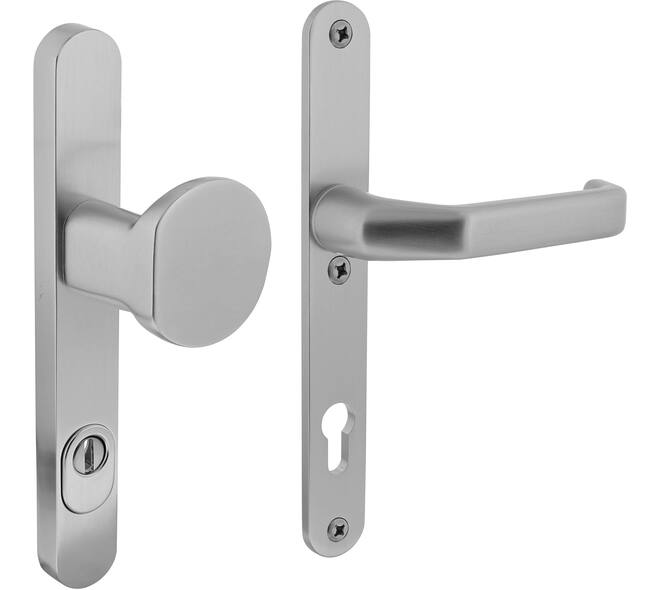 SKG3 veiligheidsbeslag ovaal smal 250x35mm greep/kruk Verkropt met veerconstructie profielcilindergat 92mm met kerntrekbeveiliging aluminium F1
