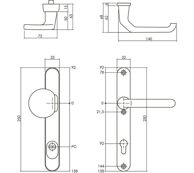 SKG3 veiligheidsbeslag ovaal smal 250x35mm greep/kruk Verkropt met veerconstructie profielcilindergat 92mm met kerntrekbeveiliging aluminium F1